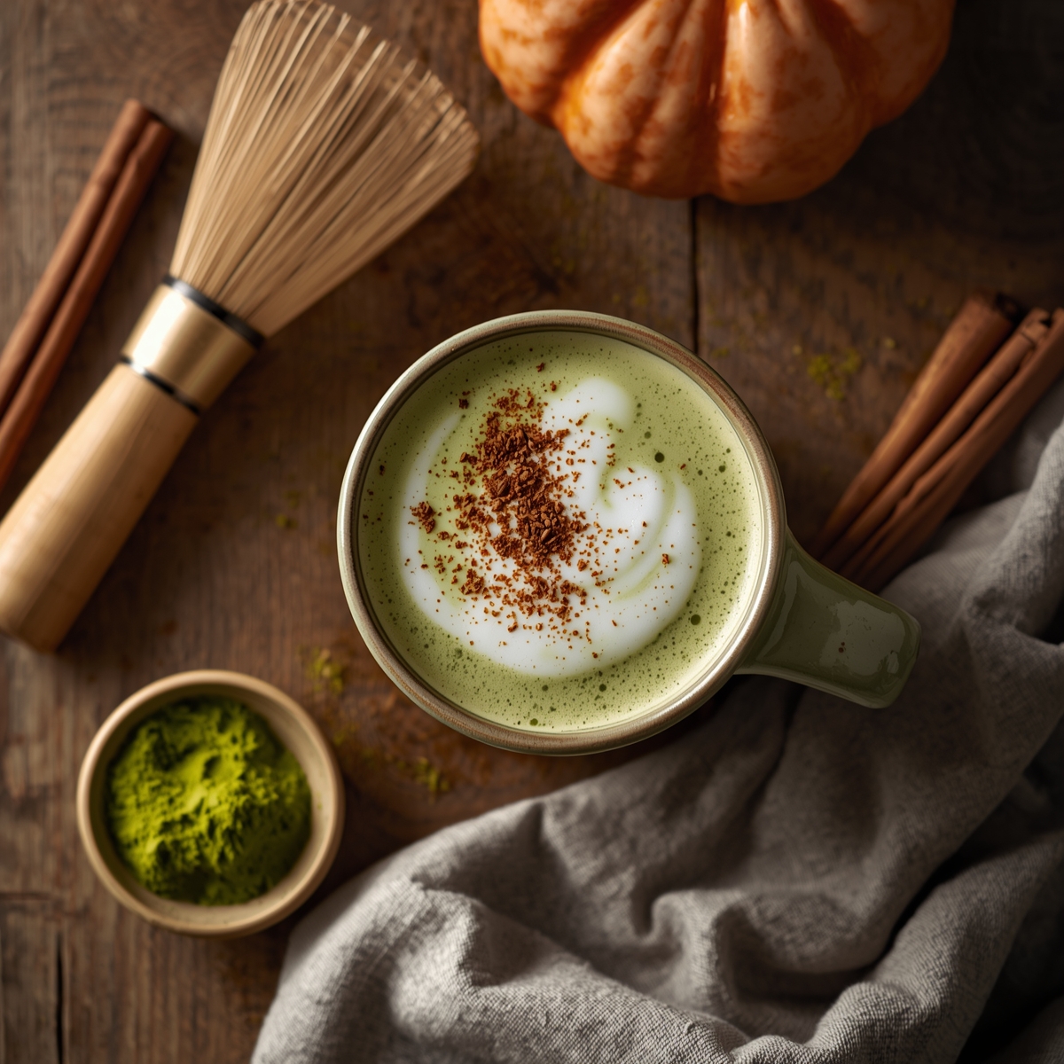 Cremiger Matcha-Latte mit Zimt und Hafermilch – natürlicher Genuss für die kalte Jahreszeit
